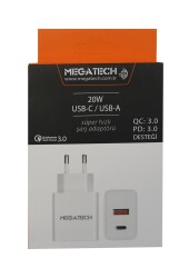 Megatech 20w Beyaz USB-C USB-A Şarj Kafa QC:3.0-PD:3.0 - 1