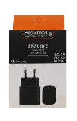 Megatech 25w Siyah USB-C Şarj Kafa QC:3.0-PD:3.0 - 1