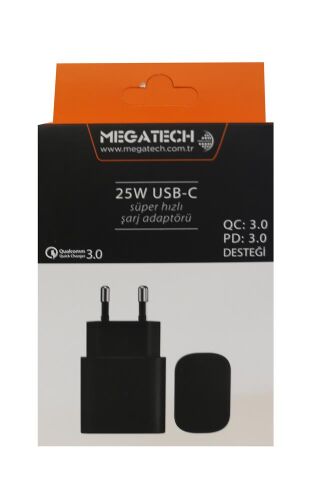 Megatech 25w Siyah USB-C Şarj Kafa QC:3.0-PD:3.0 - MEGATECH