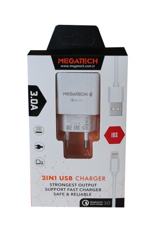 Megatech 3.0A Ev 2IN1 Ev Şarj Kafa +Iphone Şarj Kablo Hızlı Şarj - 1