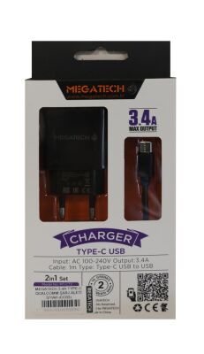 MEGATECH 3.4A TYPE-C GUALCOMM SARJ ALETİ SİYAH - 1