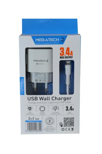 Megatech CC-03 (MT-Cl34) 3.4A Lightning Usb Kablo + Ev Şarj Adaptörü Hızlı Şarj - 1