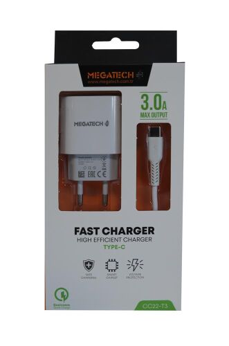 Megatech CC01 (CC22-T3) 5v-3.0A Ev Şarj+Type-c Kablo Hızlı Şarj - 1