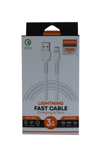 Megatech CHC65 3.0A 1mt Lightning Beyaz Şarj Kablosu - MEGATECH