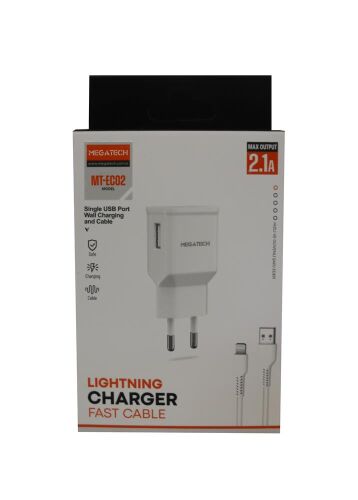 Megatech EC02 MODEL 2.1A Lightning Usb Kablo + Ev Şarj Adaptörü Hızlı Şarj - MEGATECH (1)