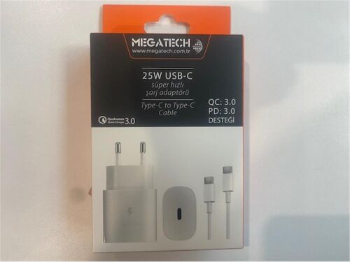 Megatech Mt-25w QC:3.0 PD:3.0 Ev Şarj Kafa+ Type-C To Type-C Şarj Kafası Hızlı Şarj - MEGATECH