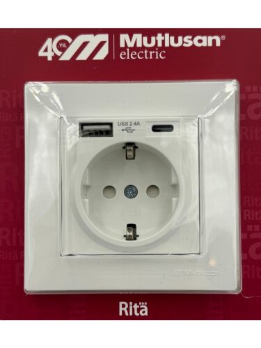 Mutlusan Rita Topraklı Priz Usb+Type-C (2220 629 0201B) Beyaz Blisterli - MUTLUSAN