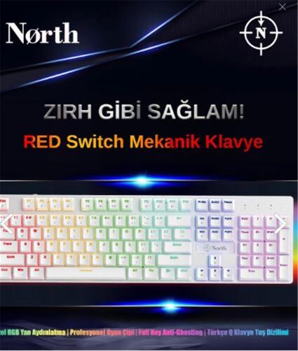 North Shield White Red Switch Türkçe Q RGB Beyaz Mekanik Gaming Klavye - NORTH