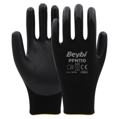 PFN110 10 Beden Siyah Polyester Örgü Üzeri ½ Köpük Nitril Kaplı Eldiven 12li Paket En388 (3131X) - BEYBİ
