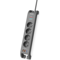 PHILIPS SPN4140GA/62, 4 Soket, Akım Korumalı Priz, 2400 Joules, 2Mt Kablo, 1xUsb-C PD 20W Hızlı Şarj, 2xUsb-A QC 18W, (Gri) - 1