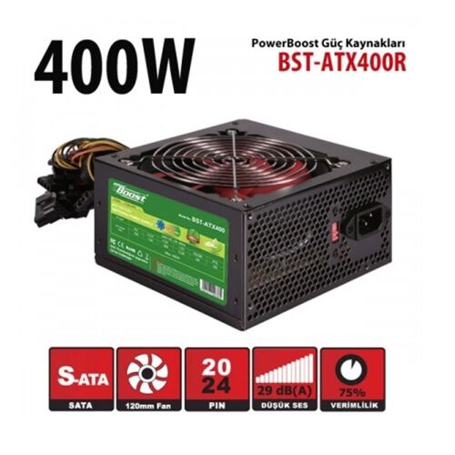 PowerBoost BST-ATX400R 400w, PPFC 12cm Siyah Fanlı ATX PSU Power kablo (Retail Box) Güç Kaynağı - 1