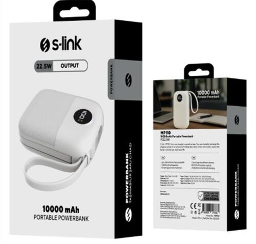 S-link MP110 10000mAh PD22.5W Type-C+Lightning Kablolu Beyaz Pil Şarj Cihazı Powerbank - S-LİNK