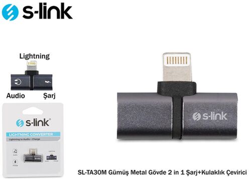 S-link SL-TA30M Lightning Gümüş Metal Gövde 2 in 1 Şarj+Kulaklık Çevirici - S-LİNK