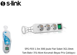S-link SPG-F03 1.5m 306 Joule Flat Soket 3G1.0mm Tam Bakır 3 lü Akım Korumalı Priz Çoklayıcı - 1