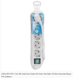 S-link SPG-F05 1.5m 306 Joule Euro Soket 3G1.0mm Tam Bakır 5li Akım Korumalı Beyaz Priz Çoklayıcı - 2