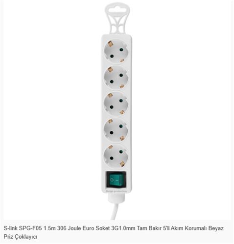 S-link SPG-F05 1.5m 306 Joule Euro Soket 3G1.0mm Tam Bakır 5li Akım Korumalı Beyaz Priz Çoklayıcı - S-LİNK