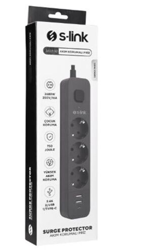 S-link SPG03U 5V2.4A 1.5m 3x1.00mm 100 yüzde Bakır 750 Joule 3 lü Anahtarlı Akım Korumalı Siyah Priz - S-LİNK