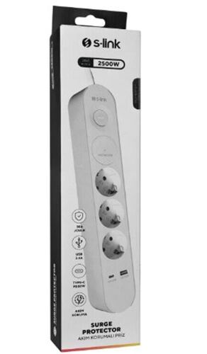 S-link SPG3-PD20 PD20W H05VV-F 3G1.0mm, 1.5m 3 lü 306 J Akım Korumalı Beyaz + Gri Priz - S-LİNK