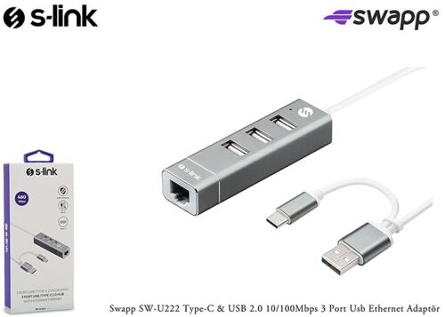S-link Swapp SW-U222 Type-c Usb 2.0 10-100mbps 3 Port Usb Ethernet Adaptör - S-LİNK