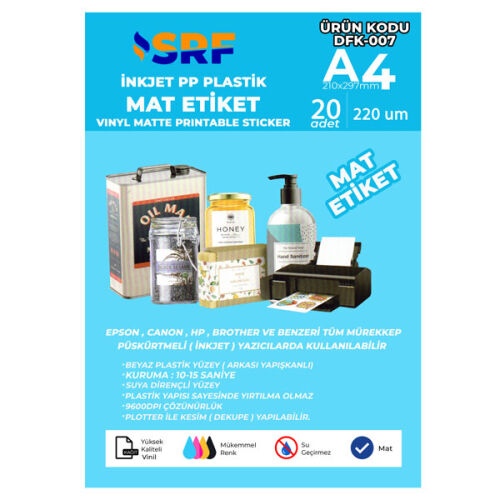 SRF Yapışkanlı İnkjet PP Beyaz Plastik A4 MAT Etiket (20 adet) - 1