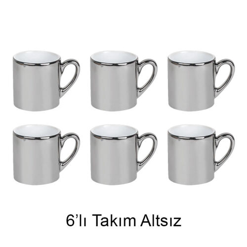 Süblimasyon Altsız Promosyon Porselen Türk Kahvesi Fincanı - 6'lı Aynalı Gümüş - OFİSOMİ-T