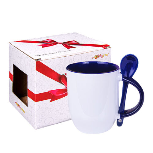 Sublimasyon İçi ve Kulpu Mavi Kaşıklı Porselen Kupa - Kutulu - OFİSOMİ-T