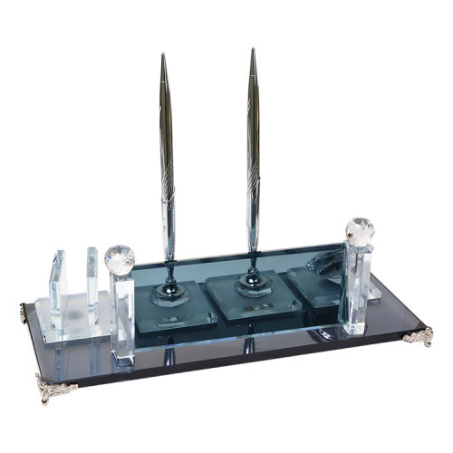 Süblimasyon Kristal iki Kalemli Silver Masa İsimliği - OFİSOMİ-T (1)