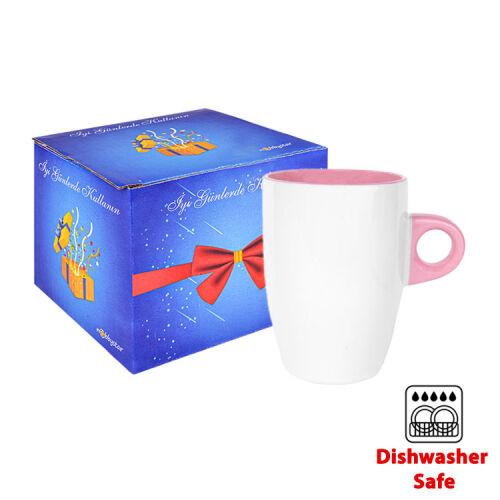 Süblimasyon Porselen Pembe Latte Kupa Bardak - Kutulu - OFİSOMİ-T