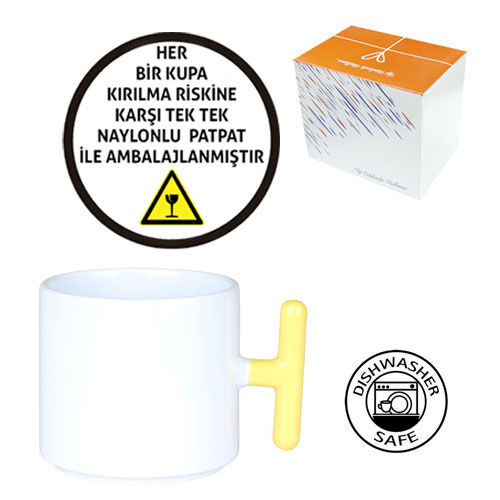 Sublimasyon Porselen T Sarı Kulplu Kupa - Kutulu - OFİSOMİ-S