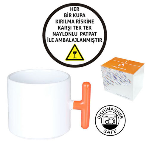 Sublimasyon Porselen T Turuncu Kulplu Kupa - Kutulu - 3