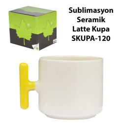 Sublimasyon Sarı Kulplu Seramik Latte Kupa - Kutulu - 2