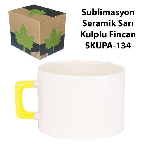 Sublimasyon Seramik Sarı Kulplu Lüks Fincan - Kutulu - OFİSOMİ-S