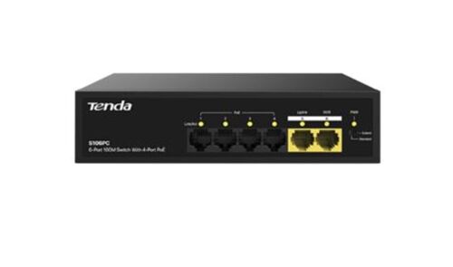 Tenda S106PC 6 Port 4 Port Poe+ 10-100 Mbps + 2 Port Uplink Switch Çelik Kasa Rack Mount - TENDA