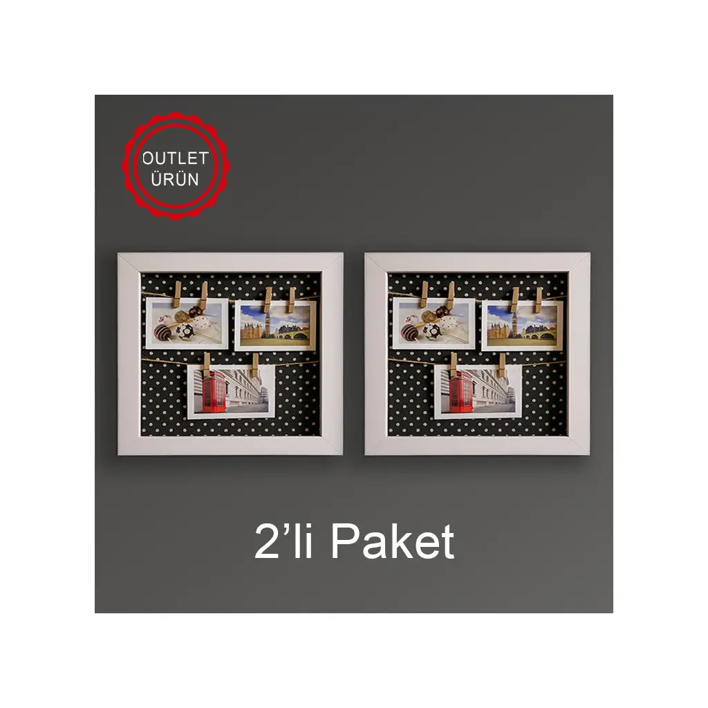 2'li Paket Ahşap Hasır İpli Puantiyeli Fotoğraf Çerçevesi - 27x32cm