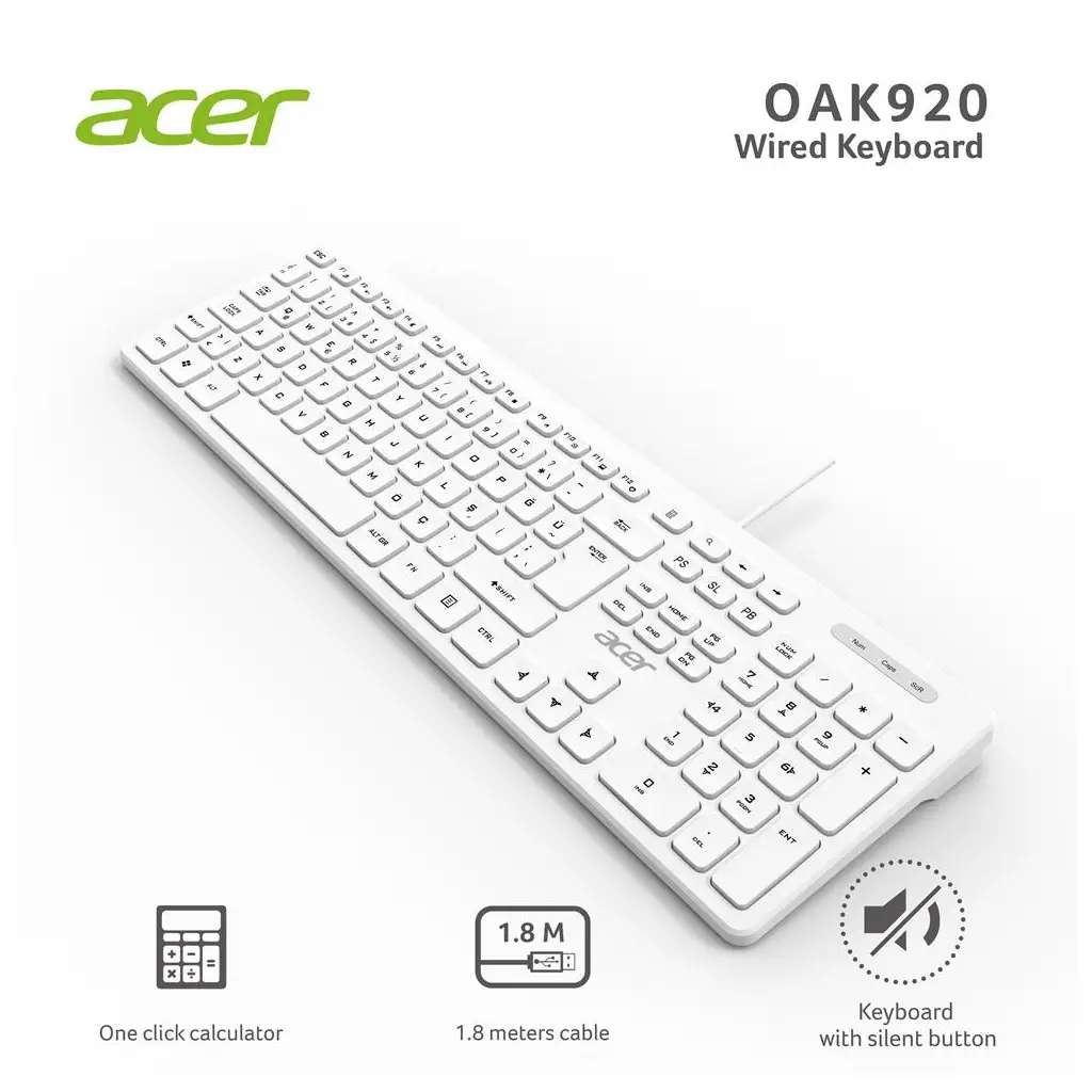 Acer OAK920 Q Usb Beyaz 1.8mt Kablolu Klavye-Tek Tuş Hesap Makinalı (Sessiz Tuş)