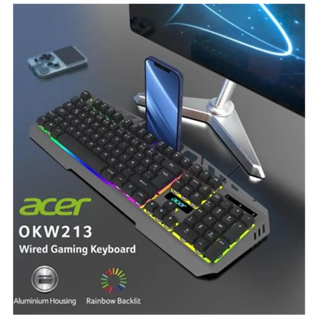 Acer OKW213 Gri RGB Rainbow Backlit Gaming Keyboard Rainbow (Kablo Uzunluğu 1,5mt)