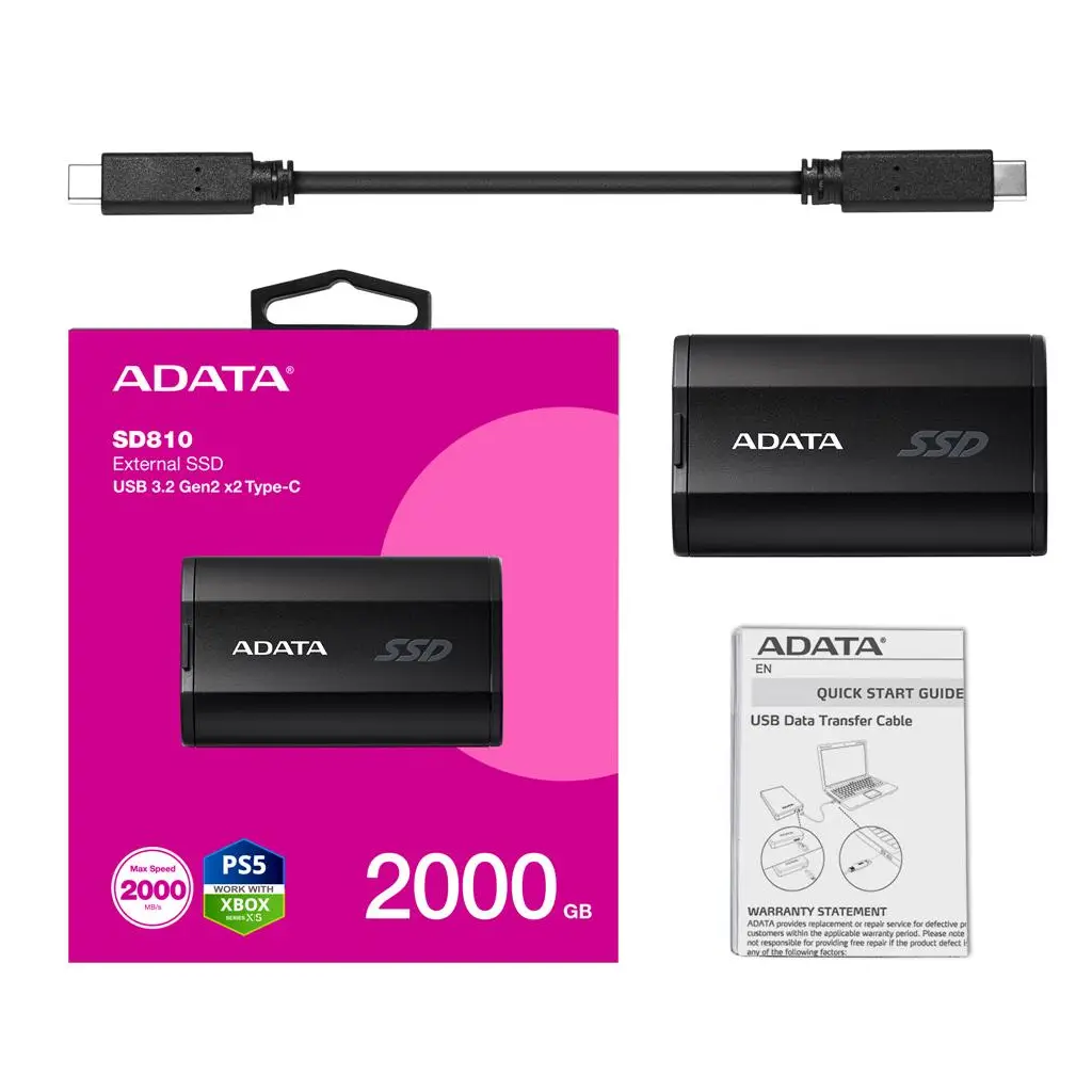 Adata 2000Gb SD810 Siyah Taşınabilir Usb 3.2 Gen2 x2 Type-C Ssd Harici Disk