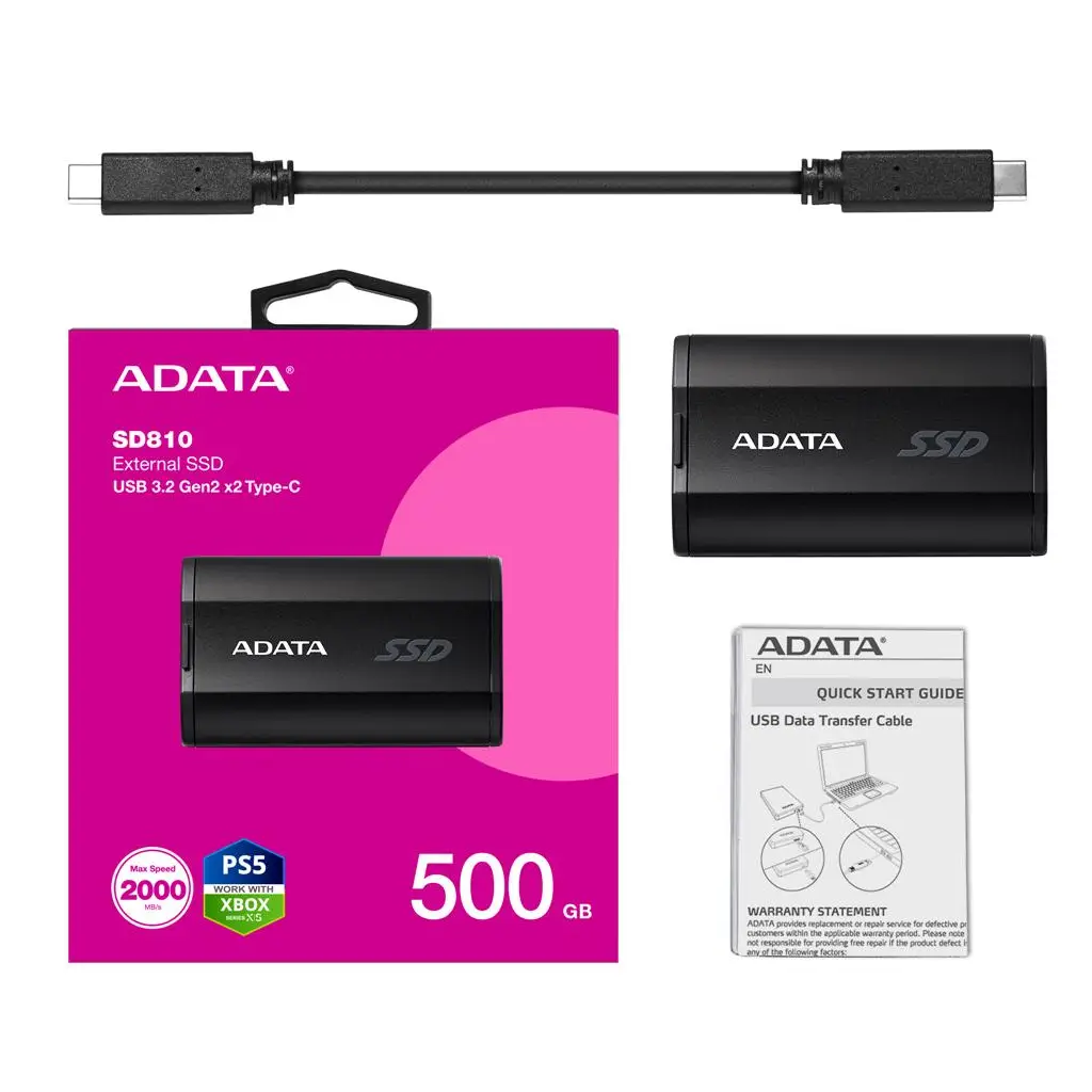 Adata 500Gb SD810 Siyah Taşınabilir Usb 3.2 Gen2 x2 Type-C Ssd Harici Disk