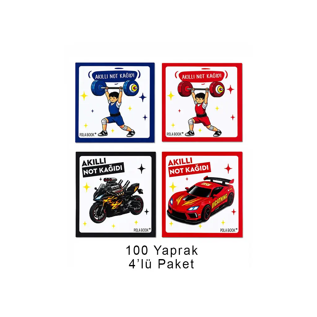 Arabalı ve Motorlu Mini Akıllı Not Kağıdı 100 Yaprak Yapışkansız Post-it - 4'lü Paket