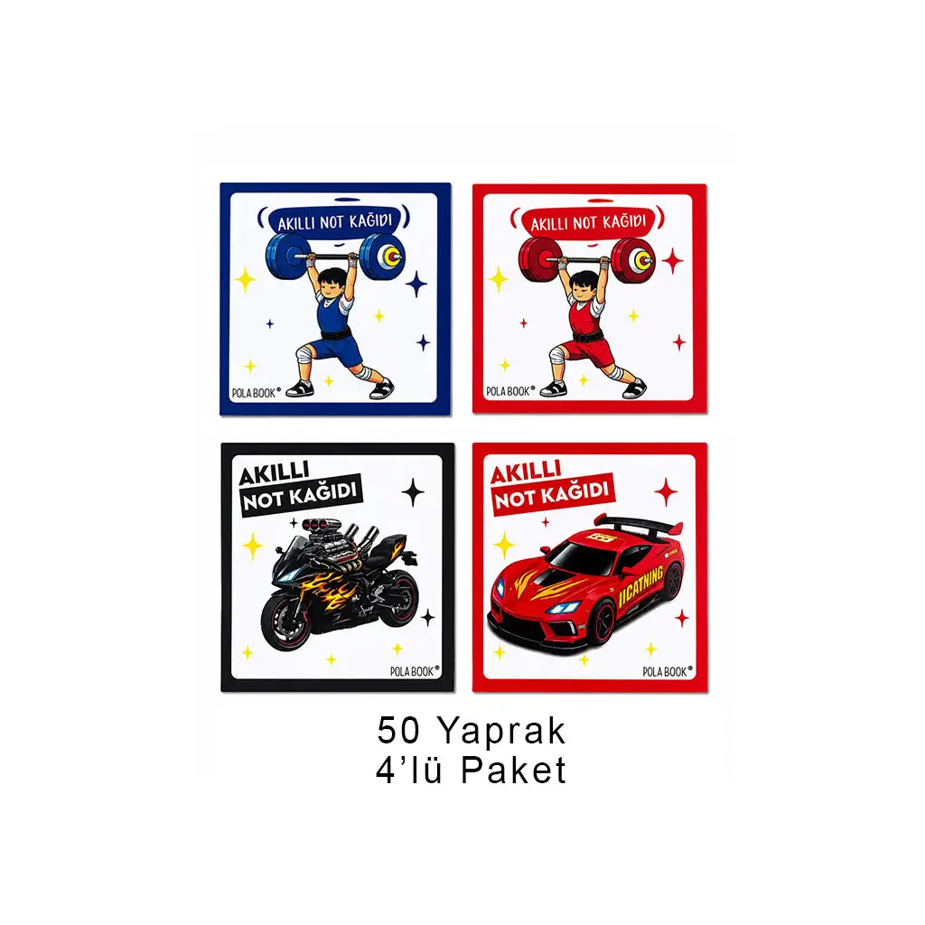 Arabalı ve Motorlu Mini Akıllı Not Kağıdı 50 Yaprak Yapışkansız Post-it - 4'lü Paket