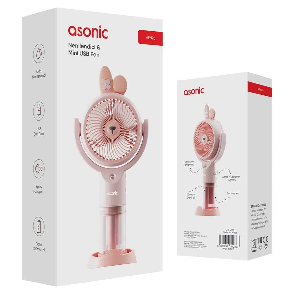 Asonic AFN26 Pembe 500mAh 2 Kademe Nemlendirici Sprey USB Fan