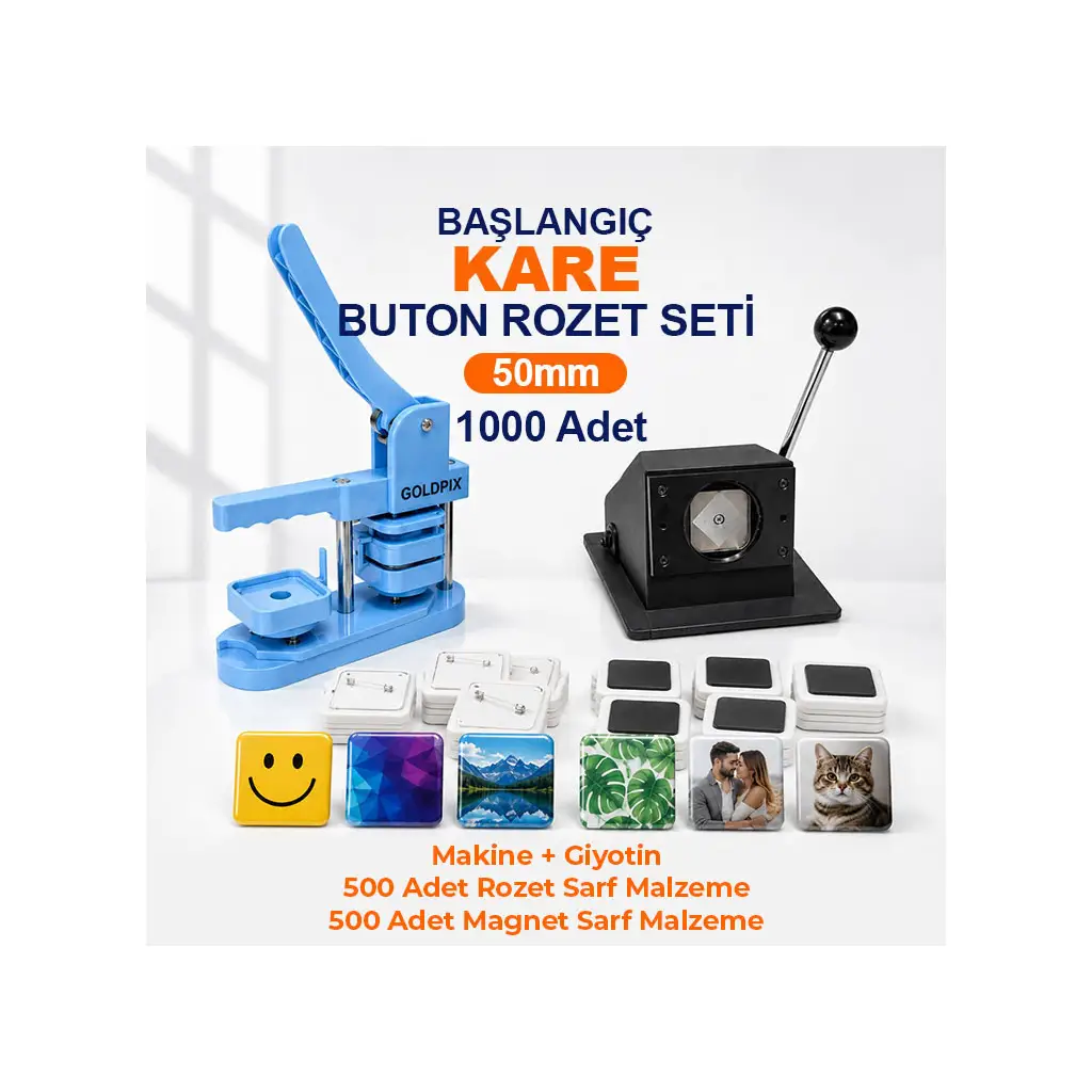 Başlangıç Kare Buton Rozet Baskı Seti 1000 Adet - 50mm