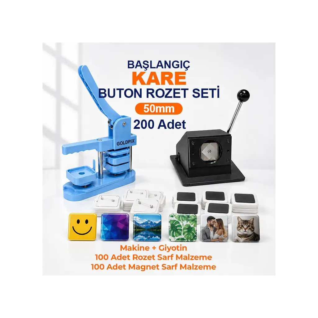 Başlangıç Kare Buton Rozet Baskı Seti 200 Adet - 50mm