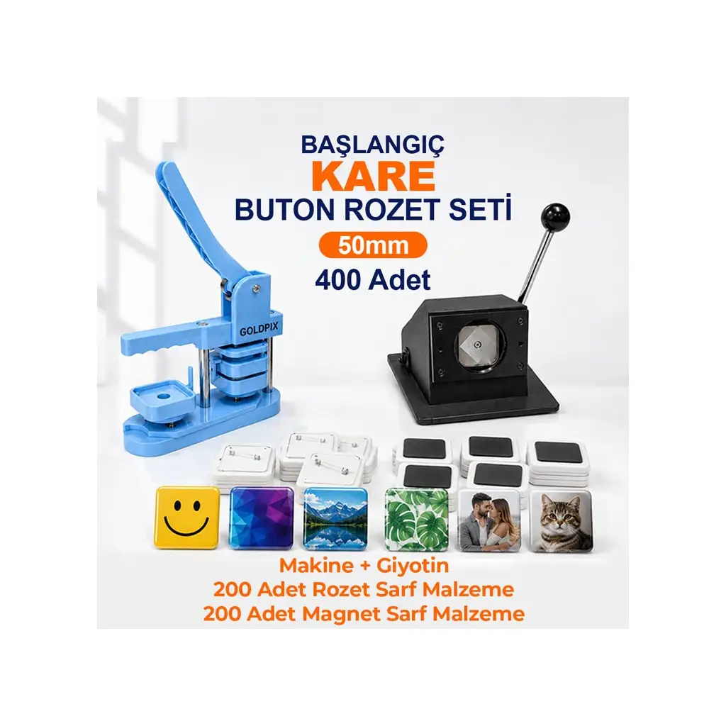 Başlangıç Kare Buton Rozet Baskı Seti 400 Adet - 50mm