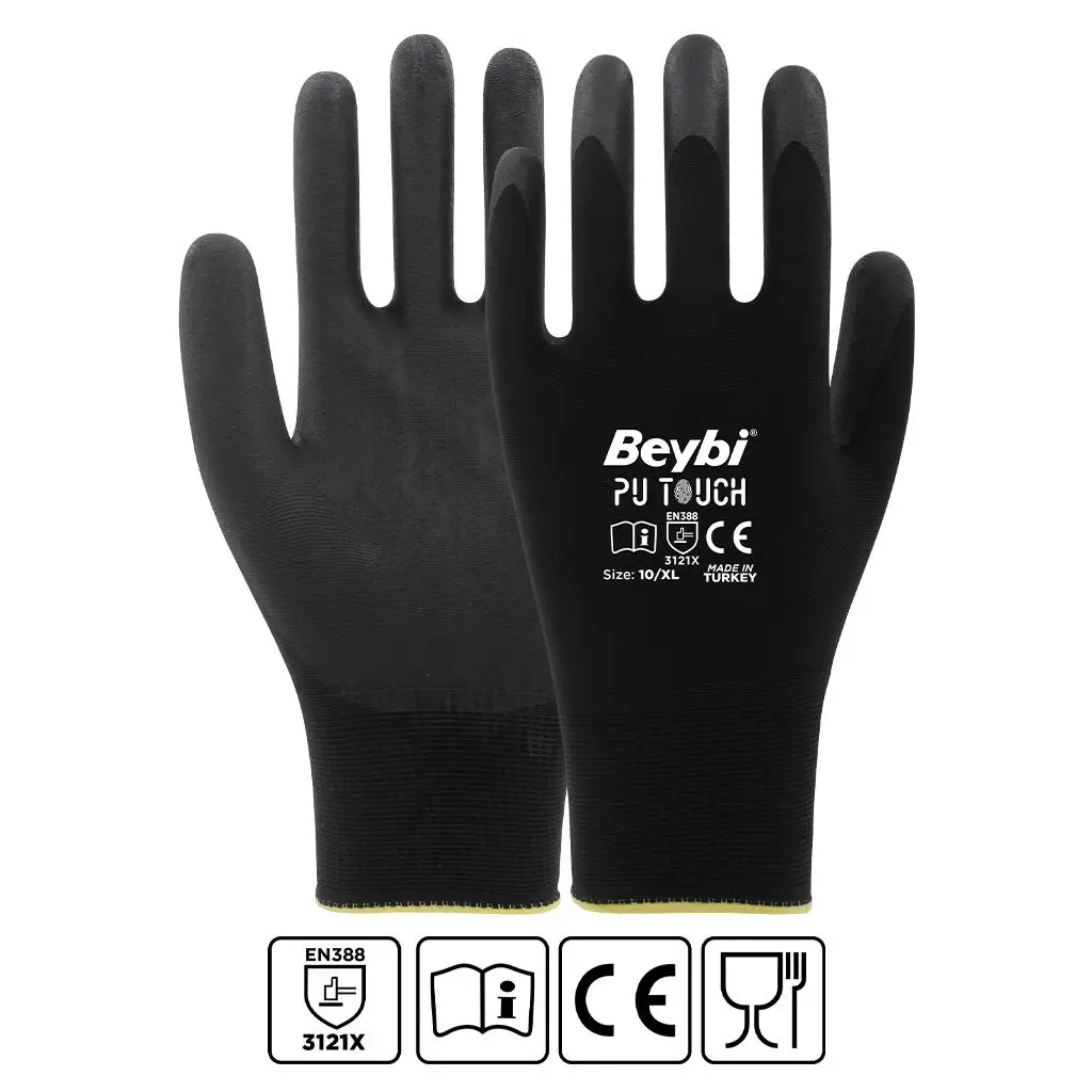 Beybi 7 Beden 12li Paket Poliüretan Kaplı Pu Touch Siyah Montaj Eldiven EN388 (3121X)