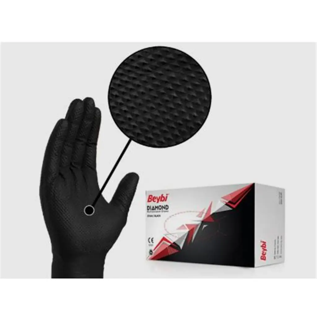 Beybi Diamond Xl Pudrasız Kalın Siyah Nitril Eldiven XL (Kutuda 100 Adet)