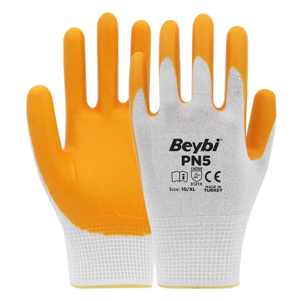 Beybi Nitril PMK PN5 Beyaz Sarı Örme Polyoster Nitril 10 Beden 12li Paket EN388 (3121X)