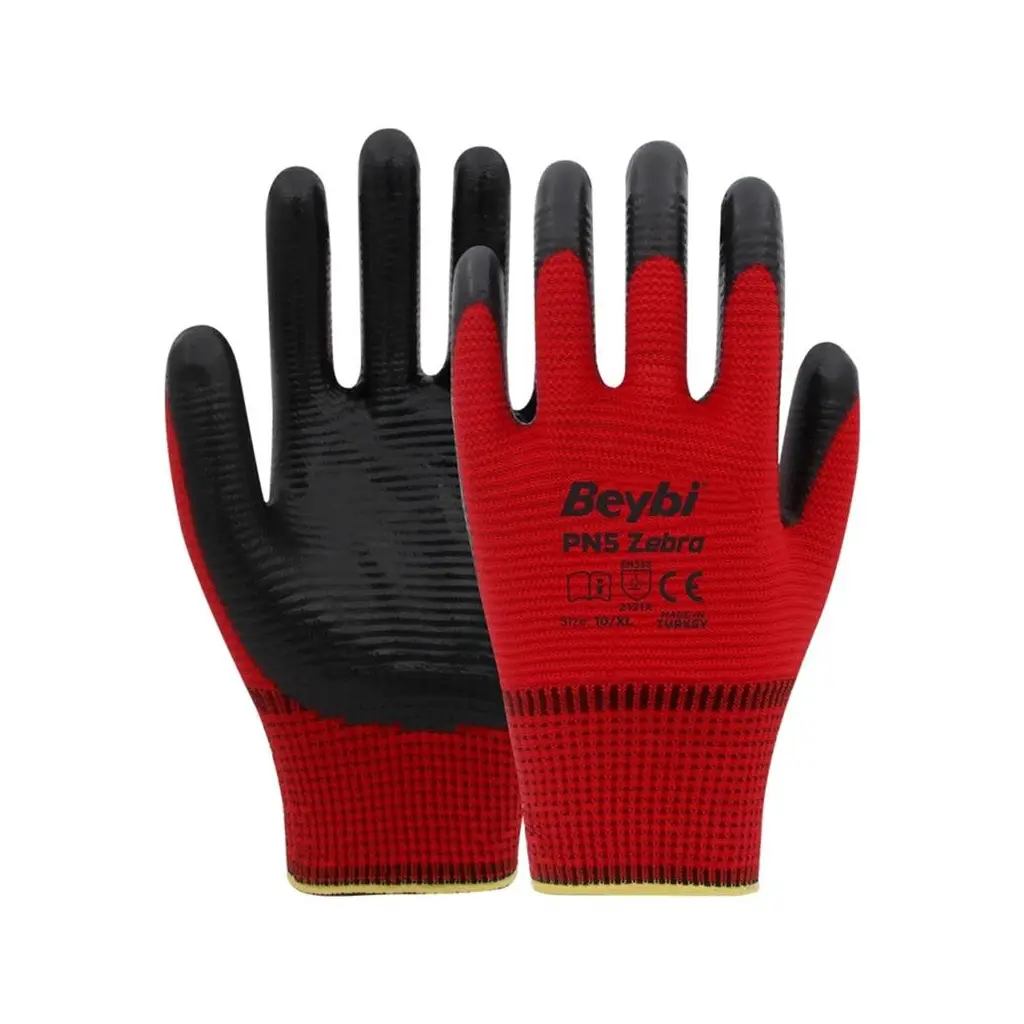 Beybi Nitril PMK PN5 Zebra Kırmzı Siyah 10 Beden 12li Paket