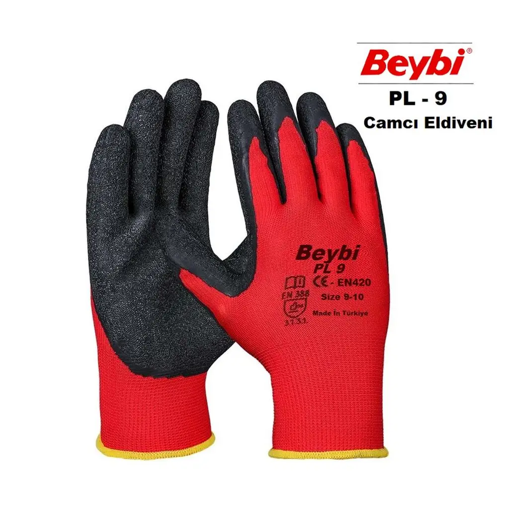 Beybi Nitril Poly PL9 9 Beden Kırmızı Siyah İş Eldiveni 12li Paket Camcı Eldiveni