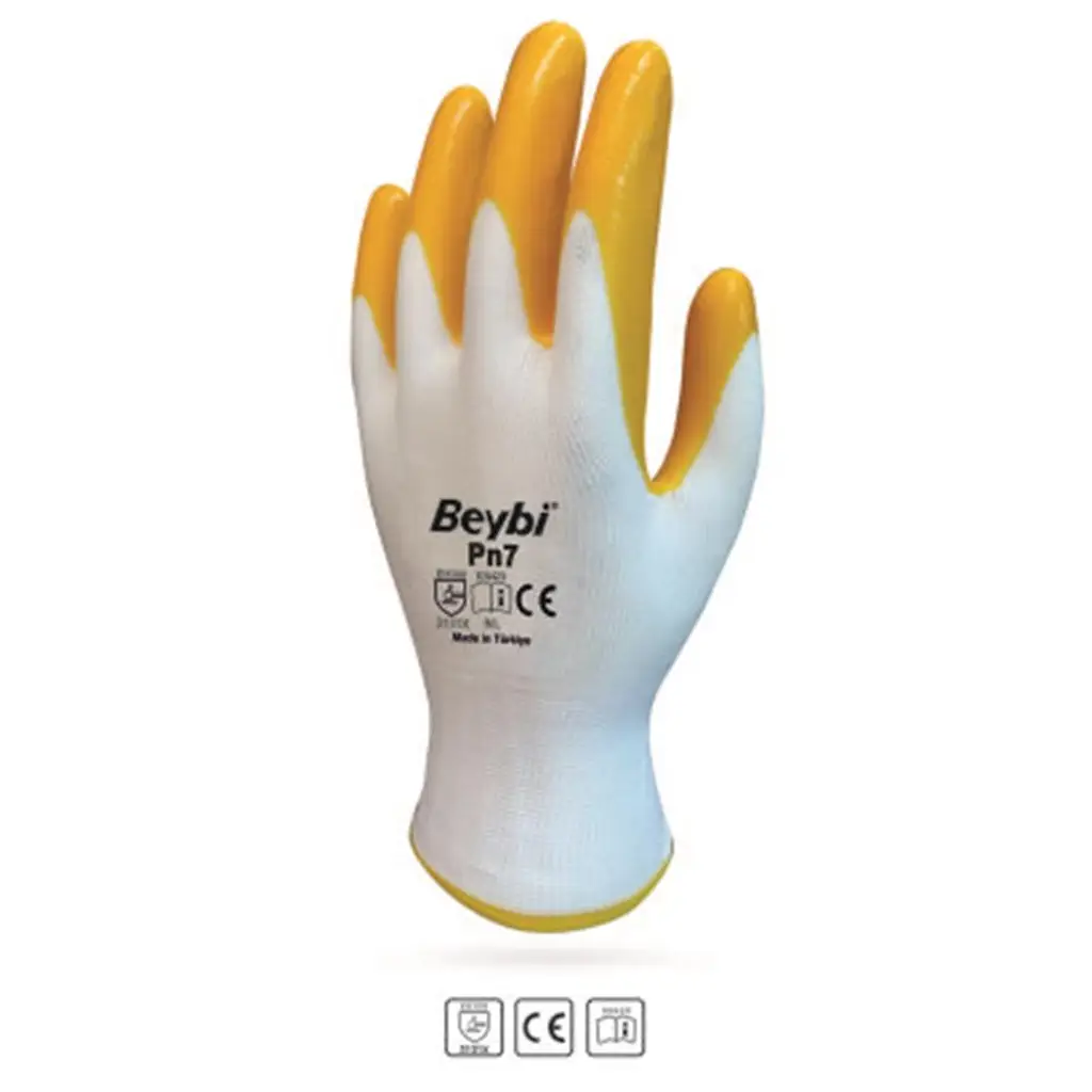 Beybi Nitril Poly PN7 10 Beden Beyaz Sarı Eldiven 12li Paket